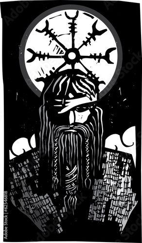Photo Norse God Odin and Wheel Symbol