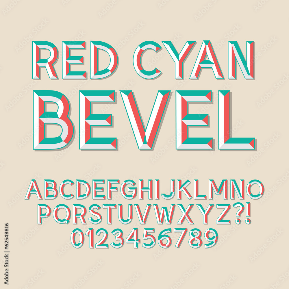 Red Cyan Bevel Alphabet and Numbers, Eps 10 Vector Editable - obrazy, fototapety, plakaty 