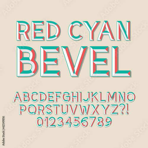 Foto Red Cyan Bevel Alphabet and Numbers, Eps 10 Vector Editable