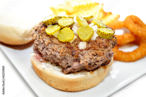 Rare Hamburger with Chopped Pickles and Onions
