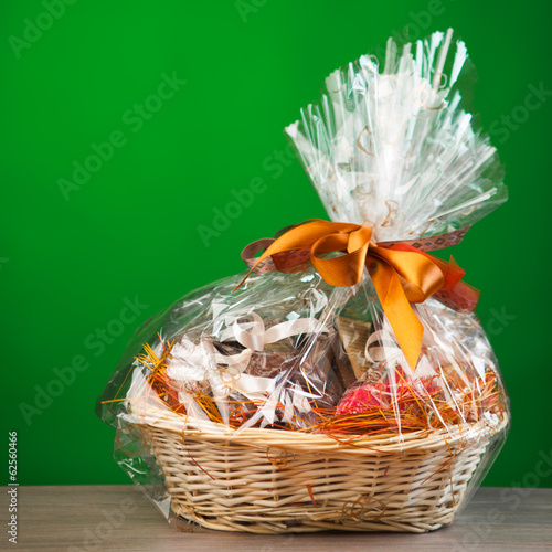 gift basket against green background
