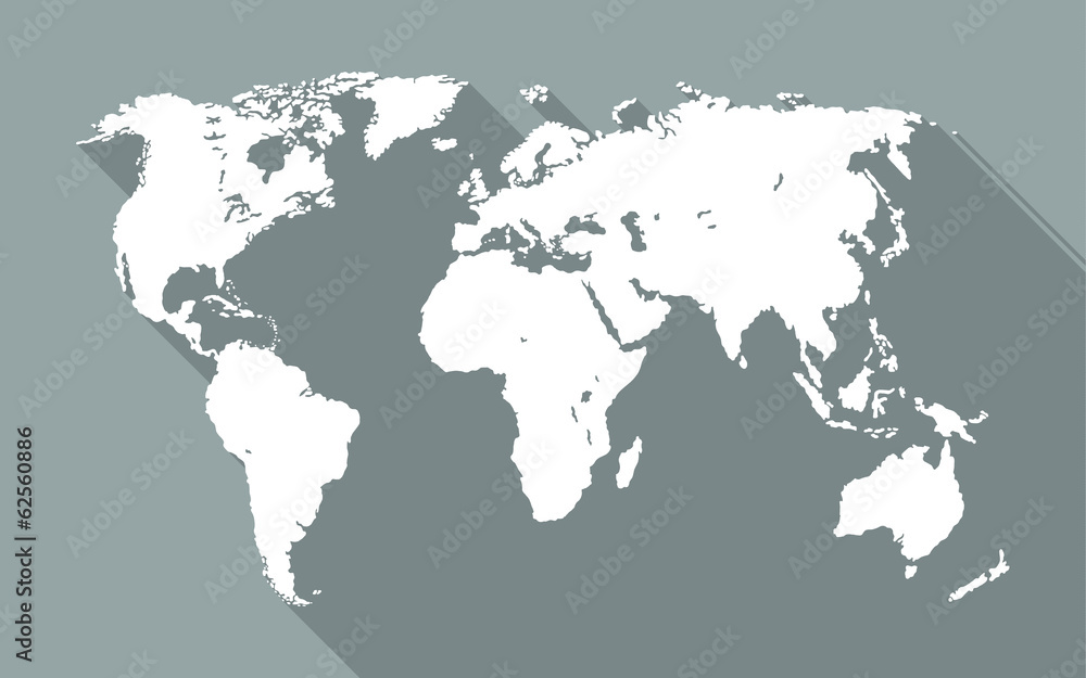World map with long shadow on grey background