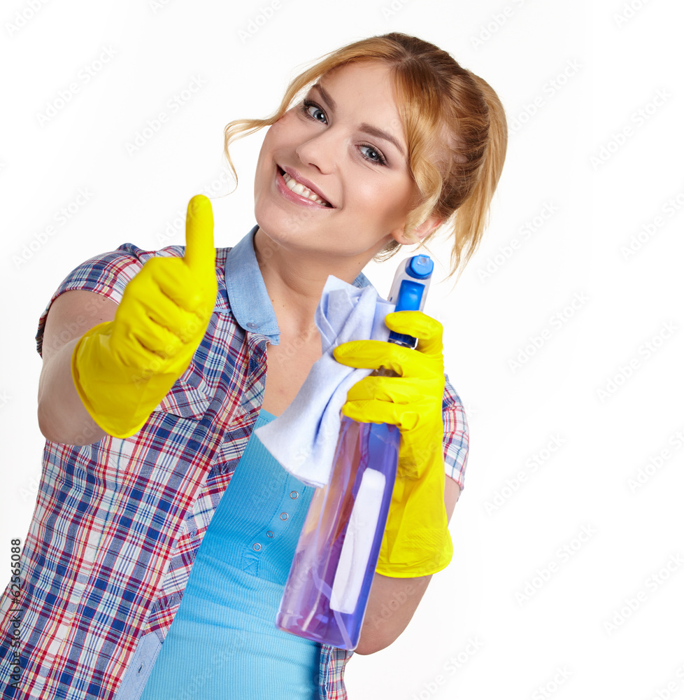 Spring cleaning woman pointing cleaning spray bottle. Spring cleaning woman pointing cleaning spray bottle.