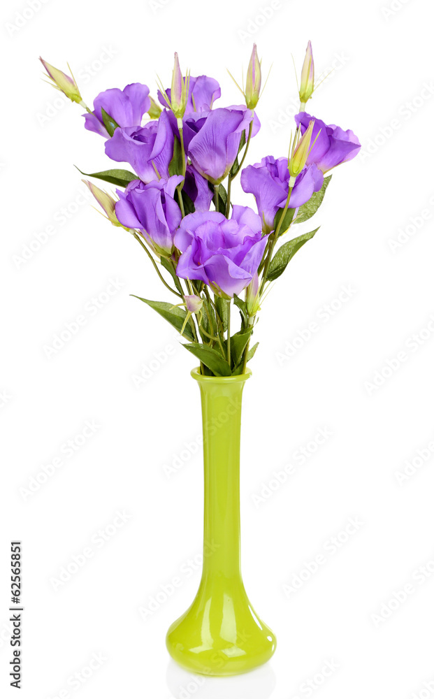 Purple artificial eustoma in vase isolated on white