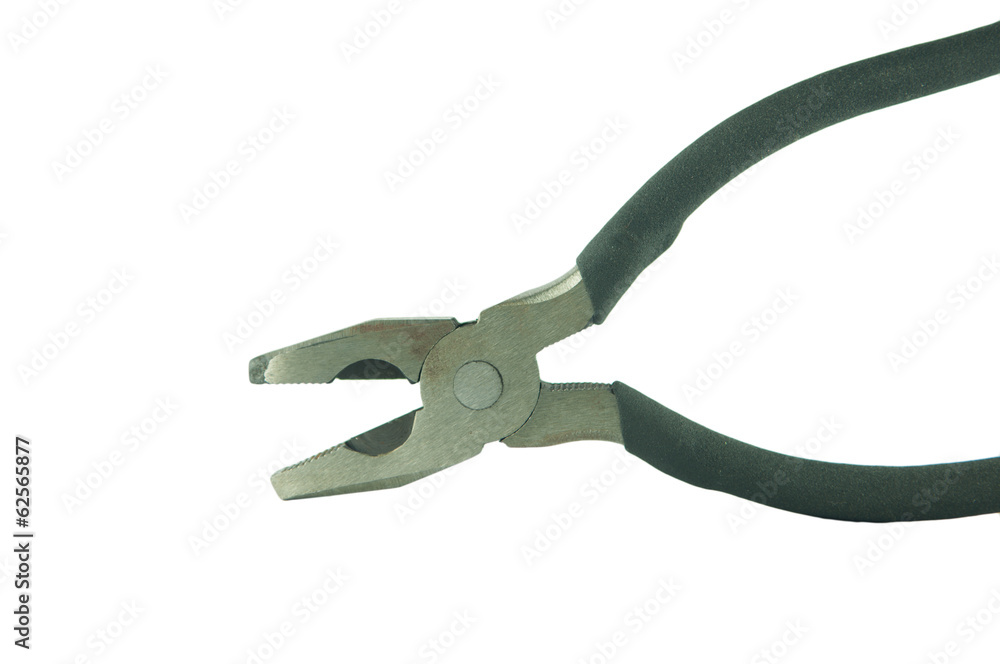 Open black pliers on white background Open black pliers on white background