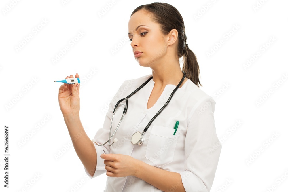 Young brunette doctor woman with thermometer isolated on white Young brunette doctor woman with thermometer isolated on white