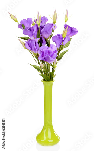 Purple artificial eustoma in vase isolated on white