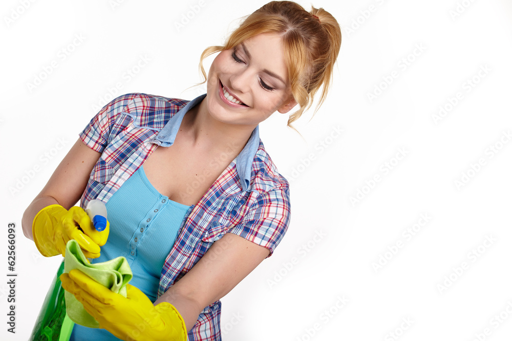 Spring cleaning woman pointing cleaning spray bottle. Spring cleaning woman pointing cleaning spray bottle.