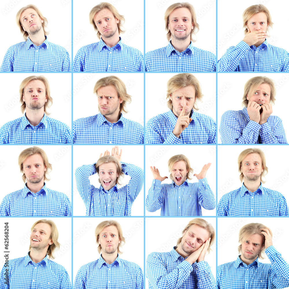 Fototapeta premium Collage of handsome emotional man isolated on white