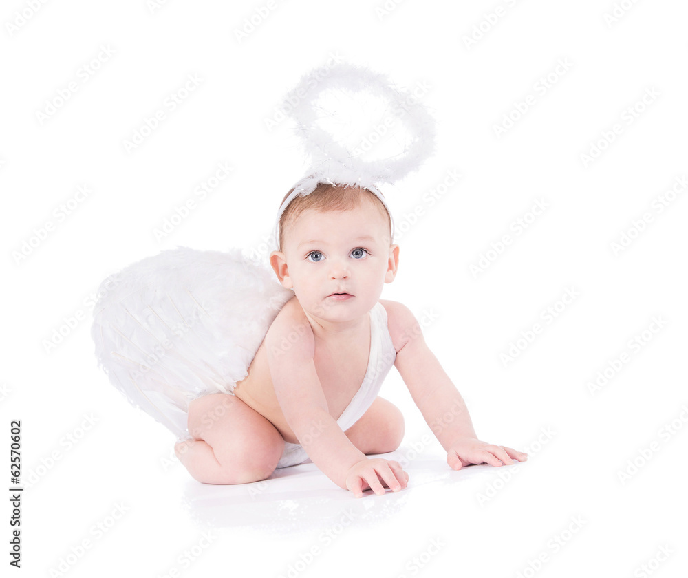 Cute baby with angel wings and nimbus isolated on white Cute baby with angel wings and nimbus isolated on white