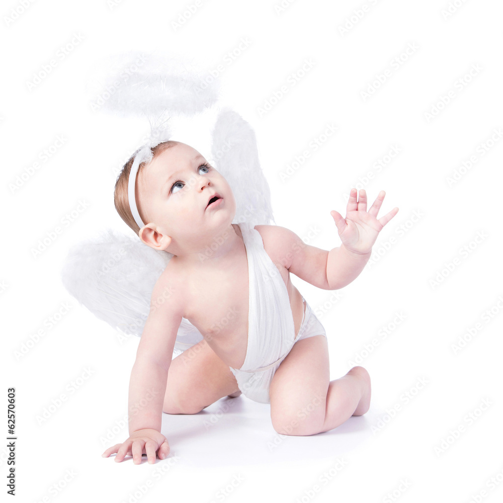 Cute baby with angel wings and nimbus isolated on white Stock Photo | Adobe  Stock