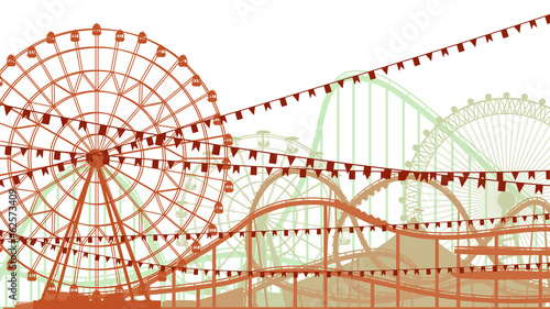 Horizontal illustration of roller-coaster and Ferris Wheel.