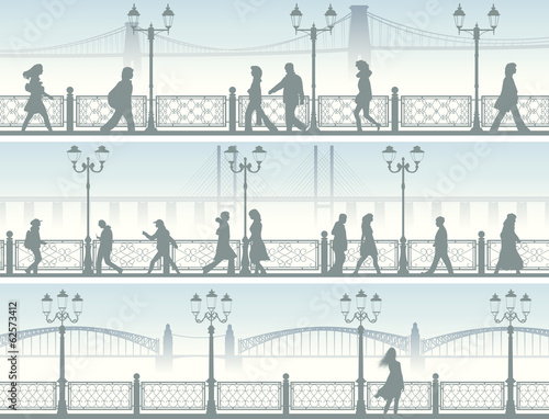 Horizontal banners of embankment with people.