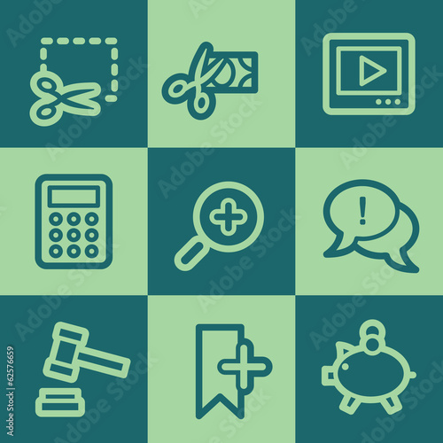 Shopping web icon set 3, green square buttons set
