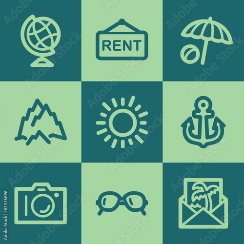 Travel web icon set 5, green square buttons set