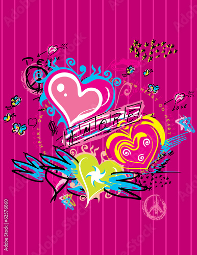 ilustracion vectorial textos y elementos en forma de corazones alados