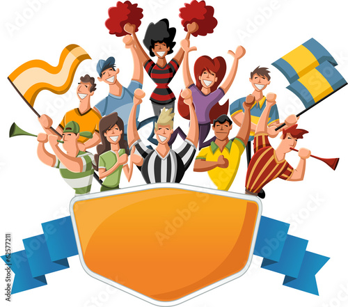 Group of cartoon sport fans and supporters cheering