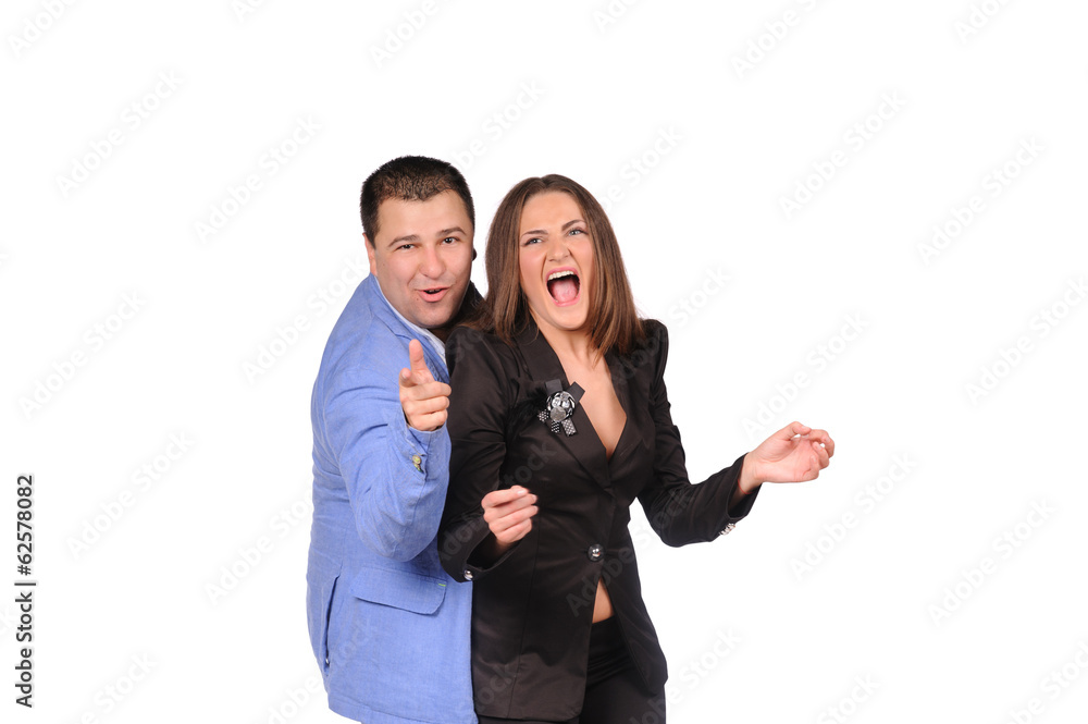 Man and woman with funny faces isolated over white background Man and woman with funny faces isolated over white background