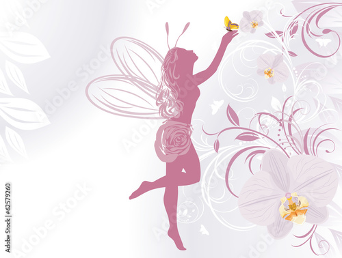 Obraz Wróżka i motyl na dekoracyjne tło z orchidei