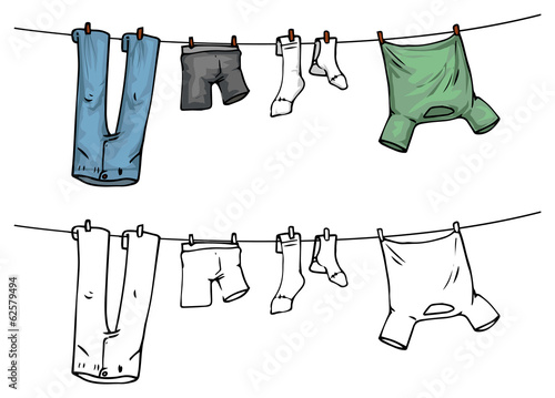 hanging clothes on washing line, color and outline