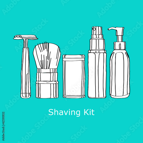 shaving kit of razors, brushes, foams and gels