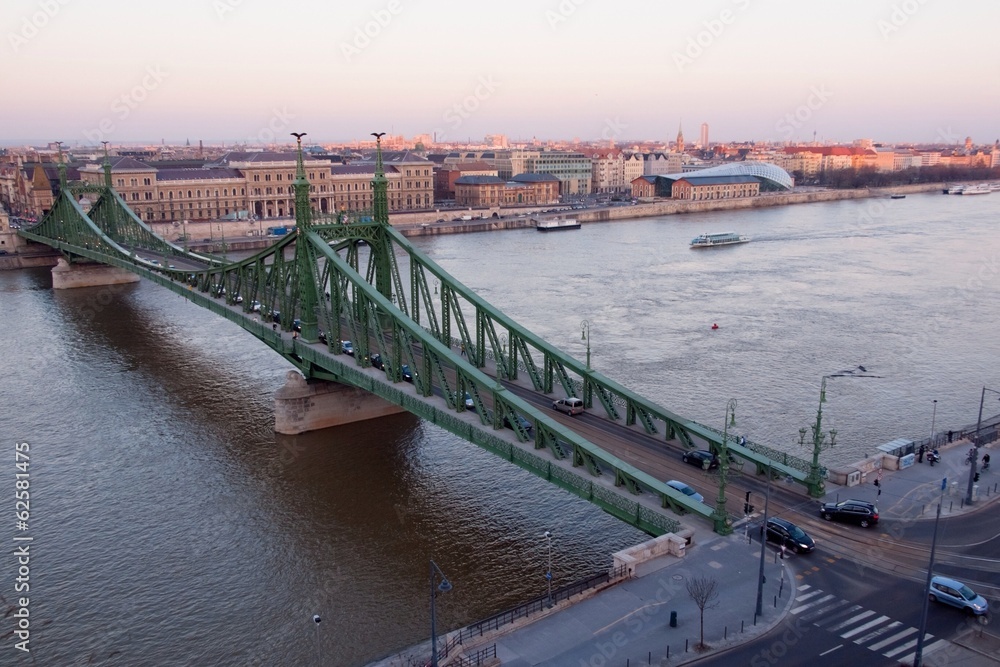 city landscape with green bridge