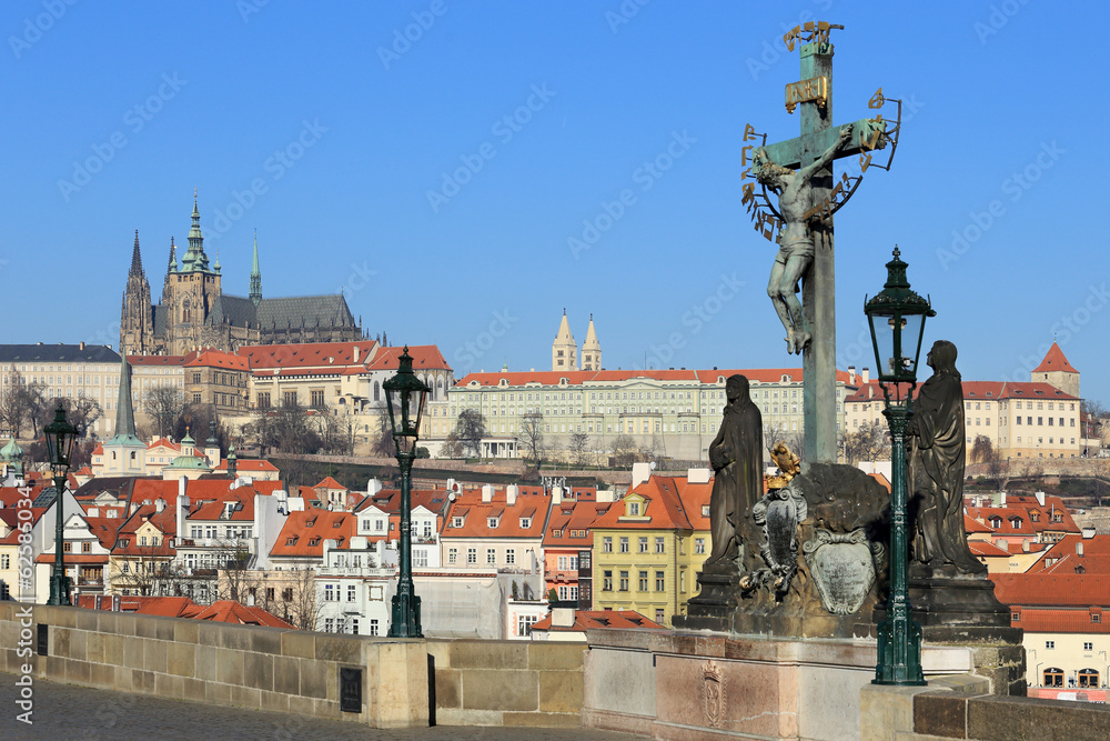 Prague gothic Castle from Charles Bridge with its Statues Prague gothic Castle from Charles Bridge with its Statues