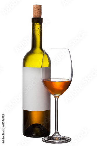 bottle and wine glass isolated on white background