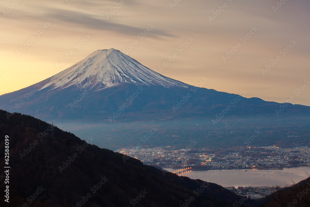 mountain fuji in morning winter from lake kawaguchiko