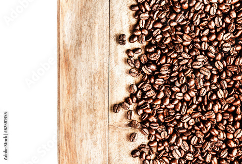 Roasted Coffee Beans background texture on wooden board frame is