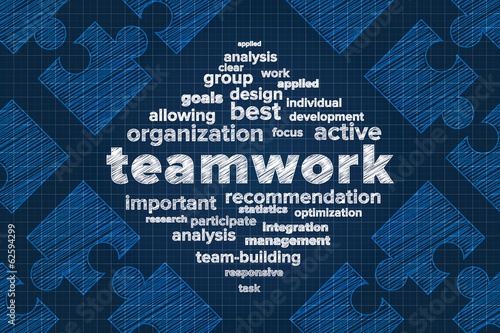 Teamwork concept in word cloud with abstract puzzle pieces