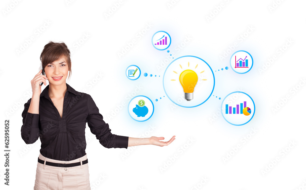 Young woman presenting light bulb with colorful graphs and diagr Young woman presenting light bulb with colorful graphs and diagr