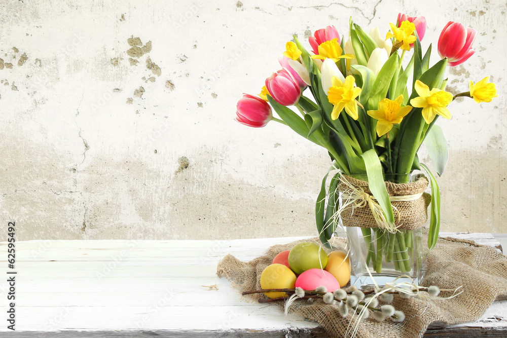 Vase of Tulips and easter eggs