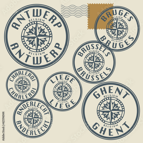 Grunge rubber stamp set with names of Belgium cities
