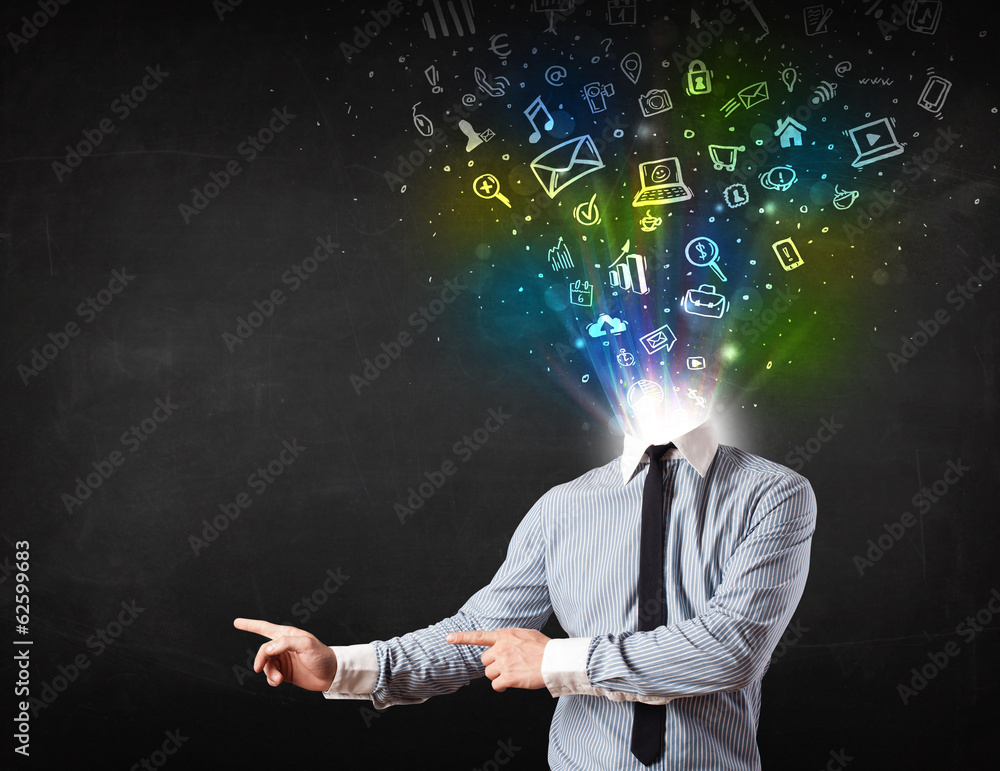 Business man with glowing media icons exploding head Business man with glowing media icons exploding head