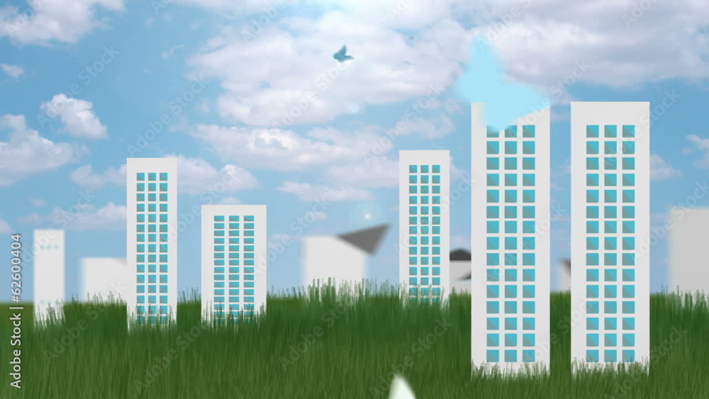 Origami town or city against green field. Origami town or city against green field.