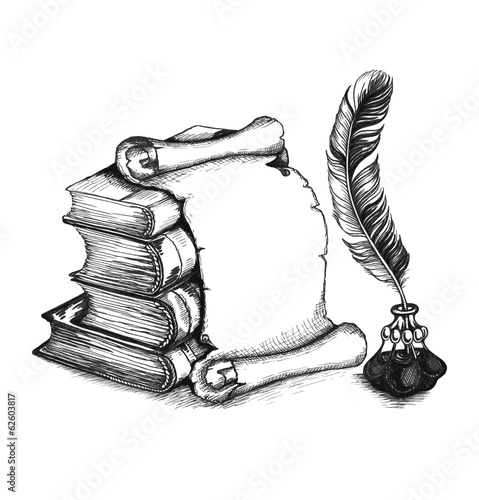 Academic and education set: books, scroll, pen