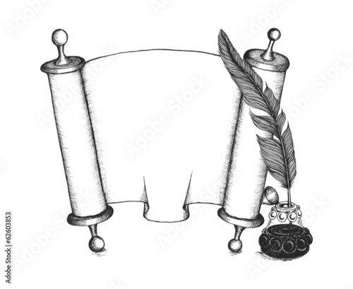 Torah set symbols: quill pen, Torus scroll, inkwell
