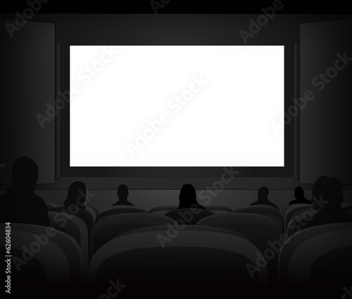 white black cinema screen with spectators in auditorium vector