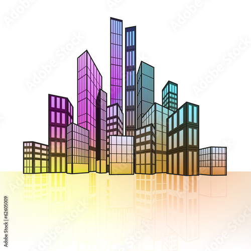 colorful cityscape silhouette with ground reflection vector