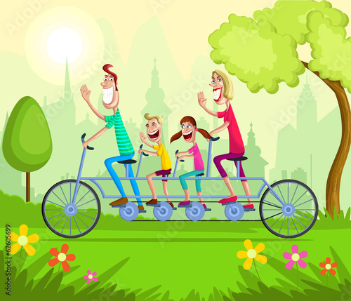 Happy family enjoying tandem bicycle ride