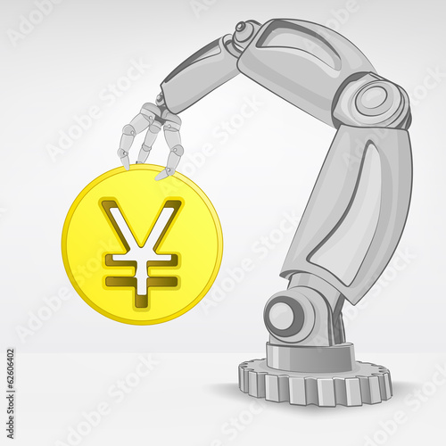 golden Yuan coin hold by automated robotic hand vector