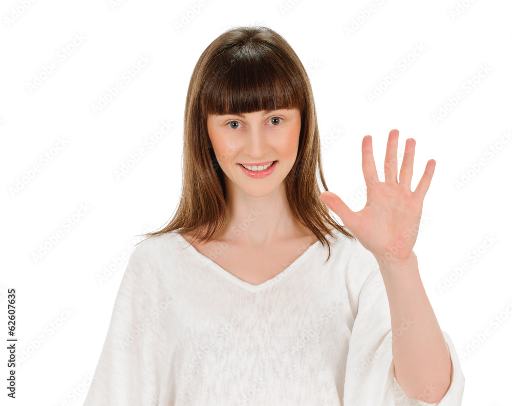 young woman shows sign and symbol on white background young woman shows sign and symbol on white background