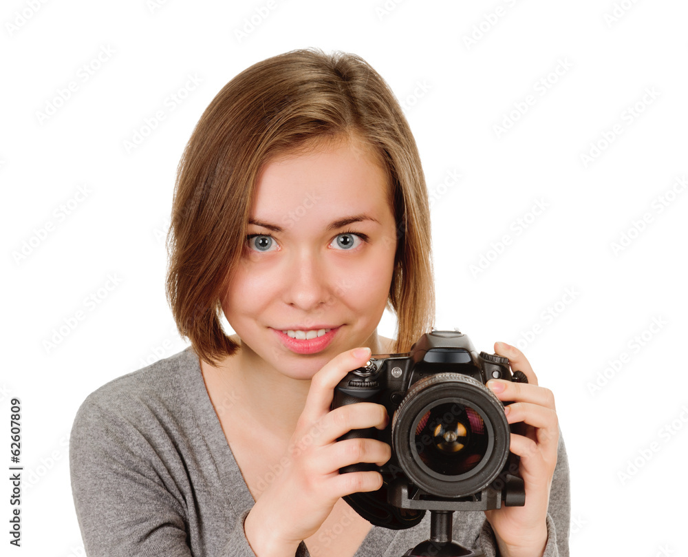 portrait of young woman with camera on white portrait of young woman with camera on white