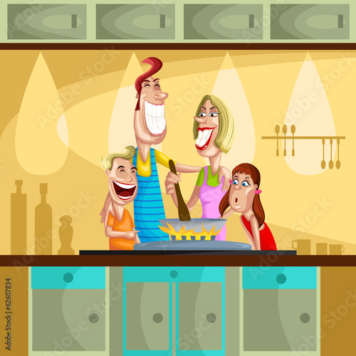 Happy family cooking in kitchen