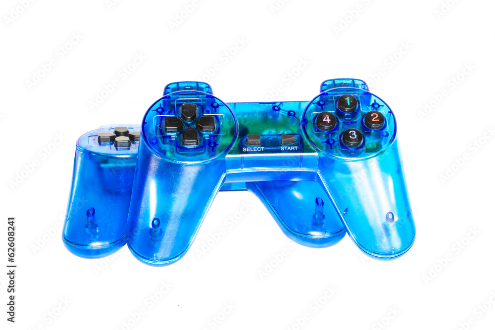 The blue glass game controler on a white background The blue glass game controler on a white background