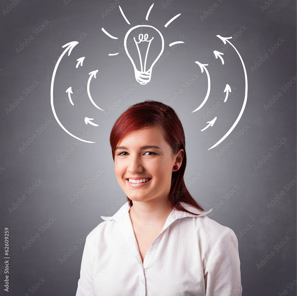 Pretty lady thinking with arrows and light bulb overhead Pretty lady thinking with arrows and light bulb overhead