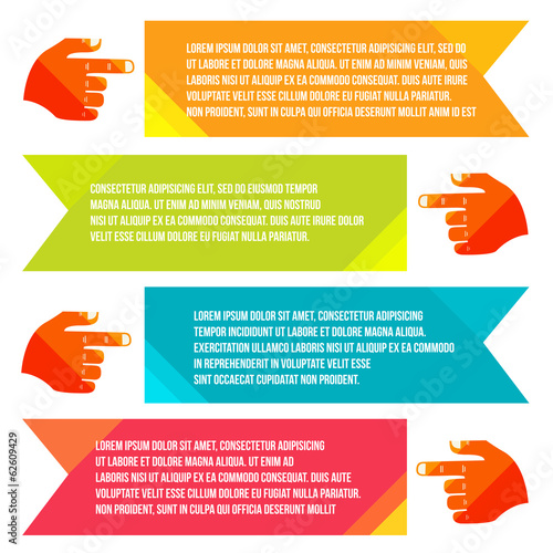 banners for information pointing hand. Flat vector style photo