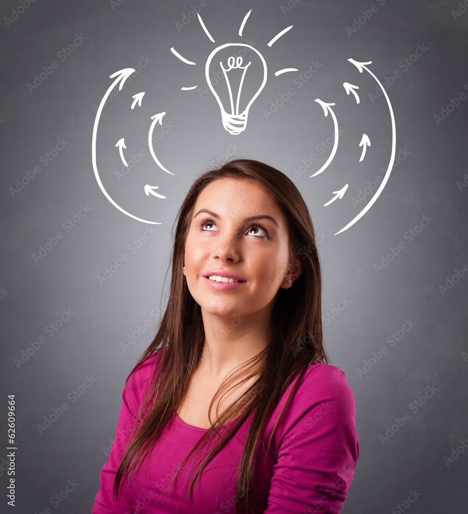 Pretty lady thinking with arrows and light bulb overhead Pretty lady thinking with arrows and light bulb overhead