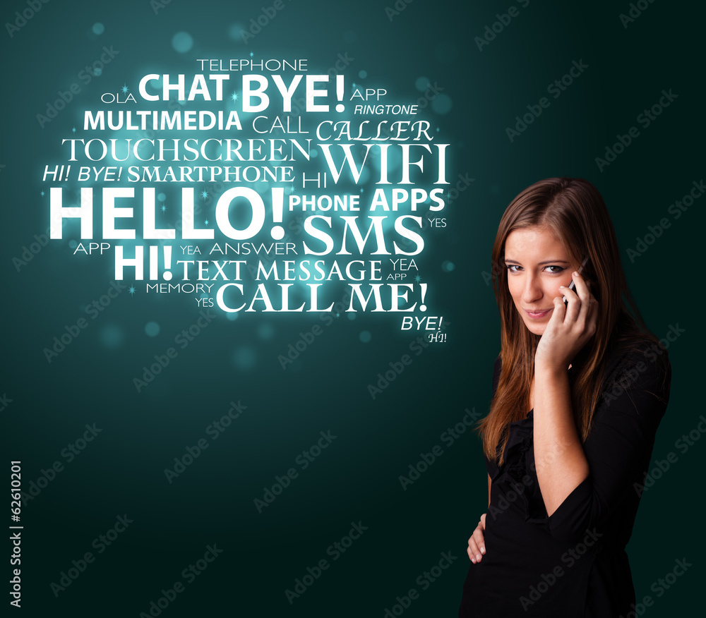 Young girl calling by phone with word cloud Young girl calling by phone with word cloud